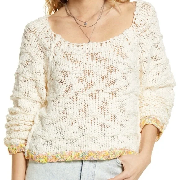 Free People Ivory West Palm Pullover Sweater with Colorful Trim Size XS - Picture 4 of 11